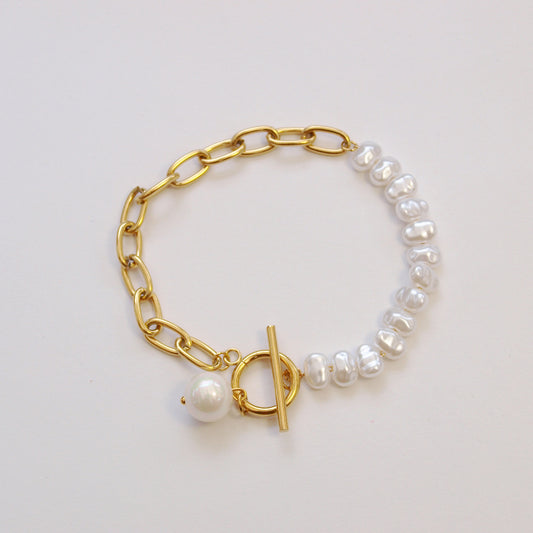 Gold White Freshwater   Pearl Bracelet